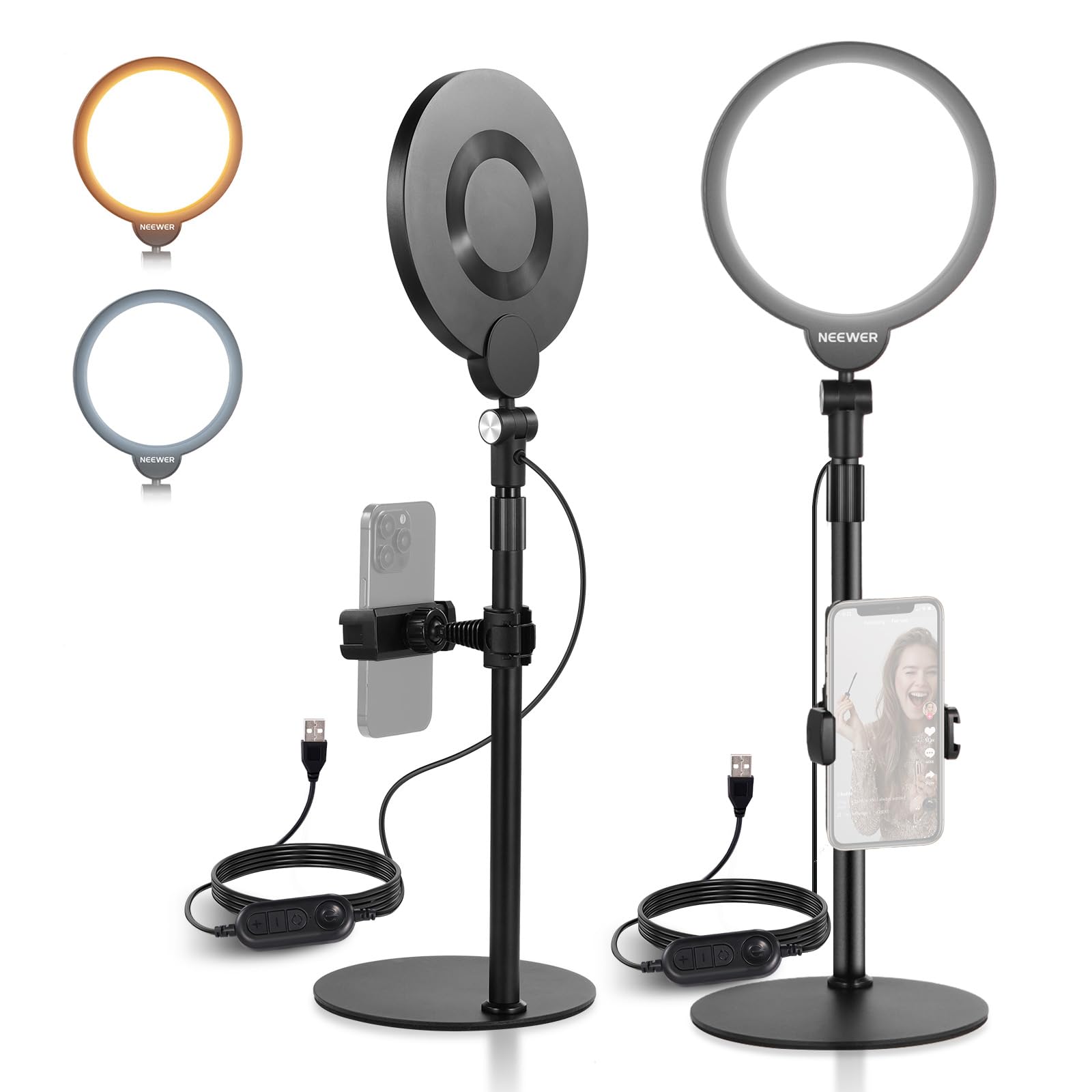 Kit Neewer de 2 anillos de luz de 7 pulgadas para grabación de video, iluminación de pantalla completa de 10W con intensidad variable y soportes para teléfono iPhone