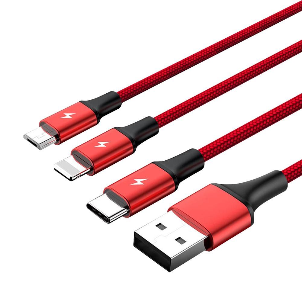 Unitek C4049RD USB Cable 1.2m A to USB-C/Micro-USB B/Lightning Red