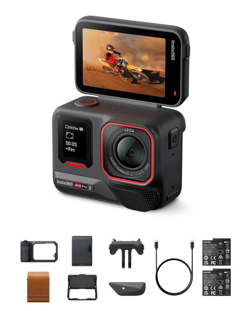 Bundle Insta360 Ace Pro 2 Imprimé Flash (Capacité : 3,3K, Couleur : Noir, Stockage : 128 Go)
