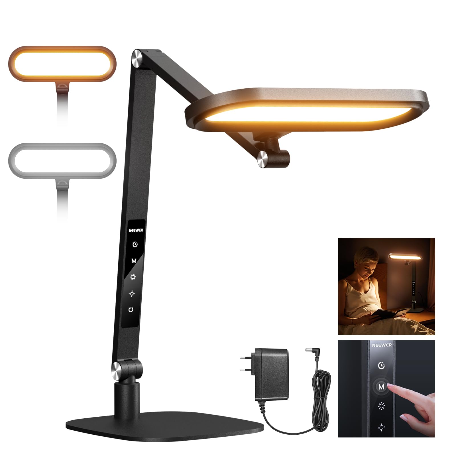 Lámpara de escritorio Neewer de 16 W con LED para videoconferencias y conferencias en casa, iluminación de lectura ajustable de doble cara con temporizador de memoria y 5 modos de color (CRI95)