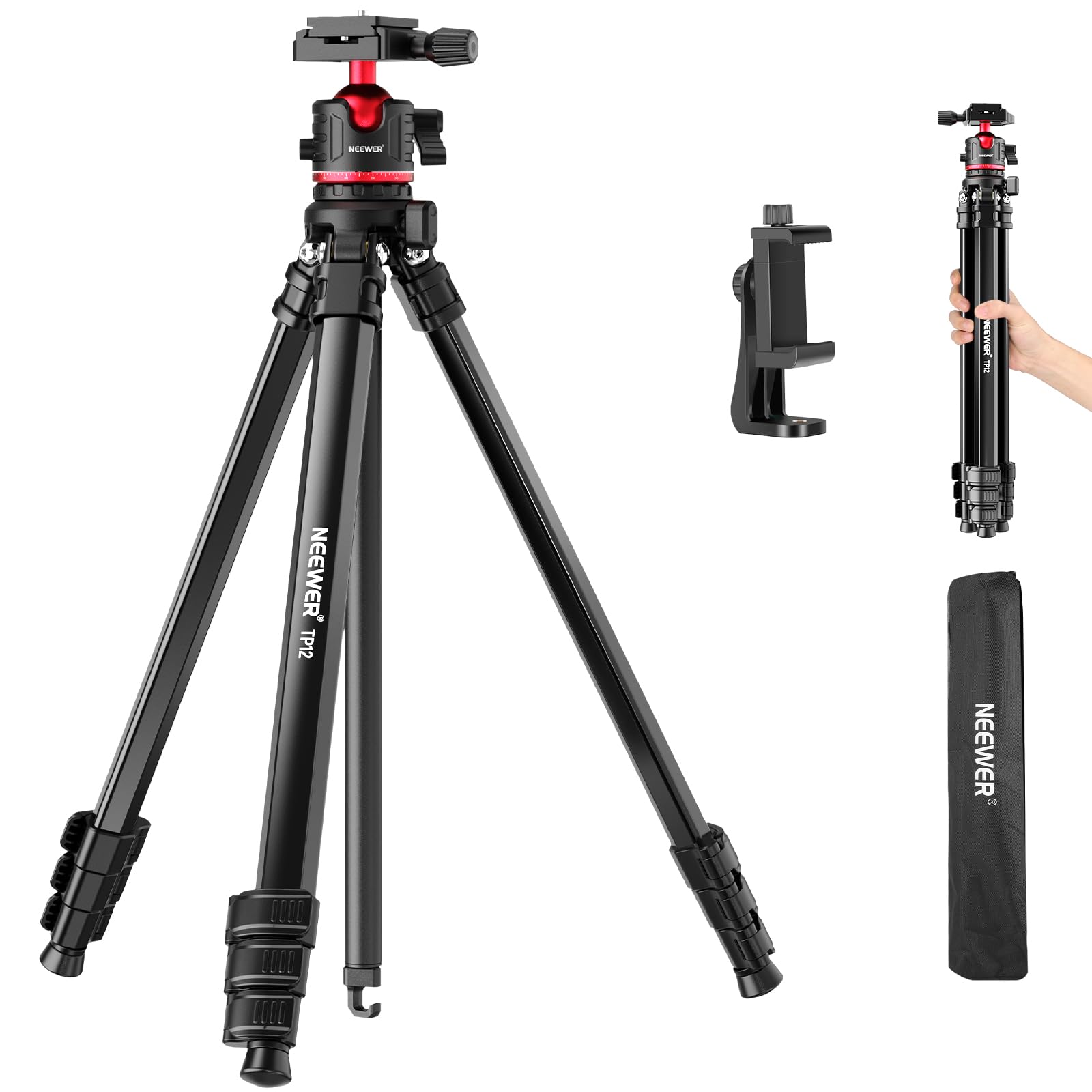Tripode de viaje Neewer de 169 cm para cámara, ligero y portátil con cabezal, placa QR Arca, soporte para teléfono móvil, carga máxima 11 lb