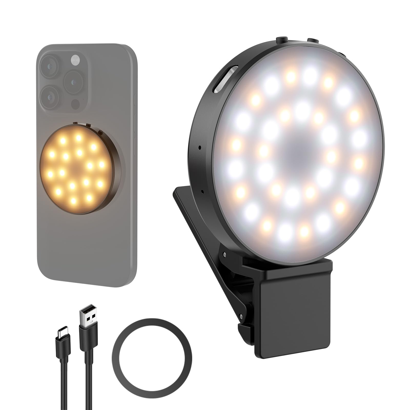 Neewer Magnetic Selfie Lamp - 1W Metal LED Ring Light with Clip for Phone, Video Conferencing