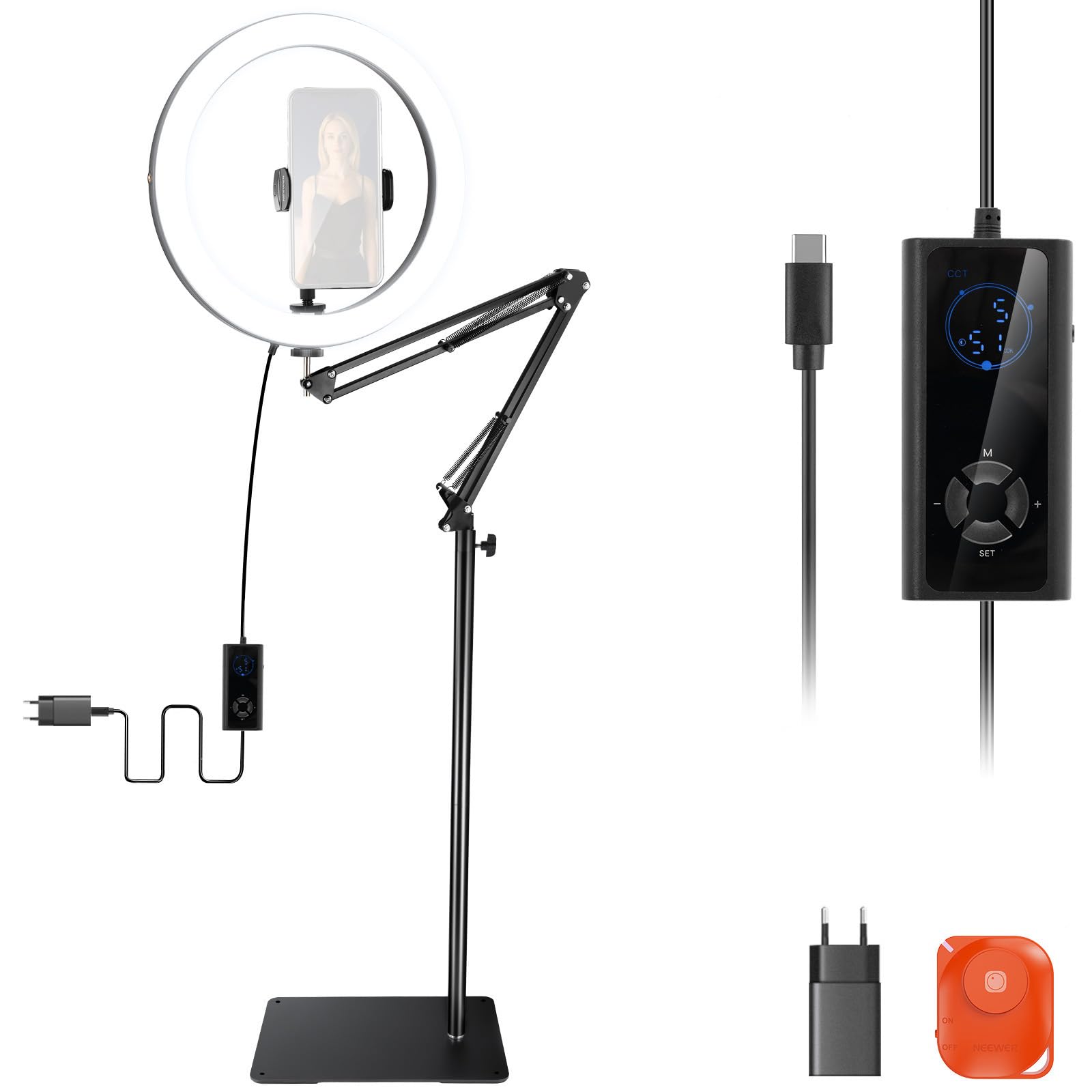 Neewer High Power LED Ring Light 8 inches 24W, Compatible with iPhone, 152.4 inch Foldable Support for Video Recording, Selfie, Makeup, Streaming, 2900-7000K, USB C PD Input, IRC97+ Rating, RH12