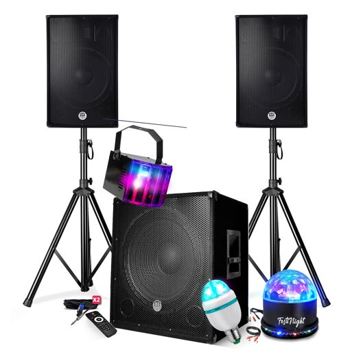 Kit de Sonorización para DJ BM SONIC - 2500W, Altavoces de 15'', Subwoofer, Pies, USB/Bluetooth, Kit de Luces