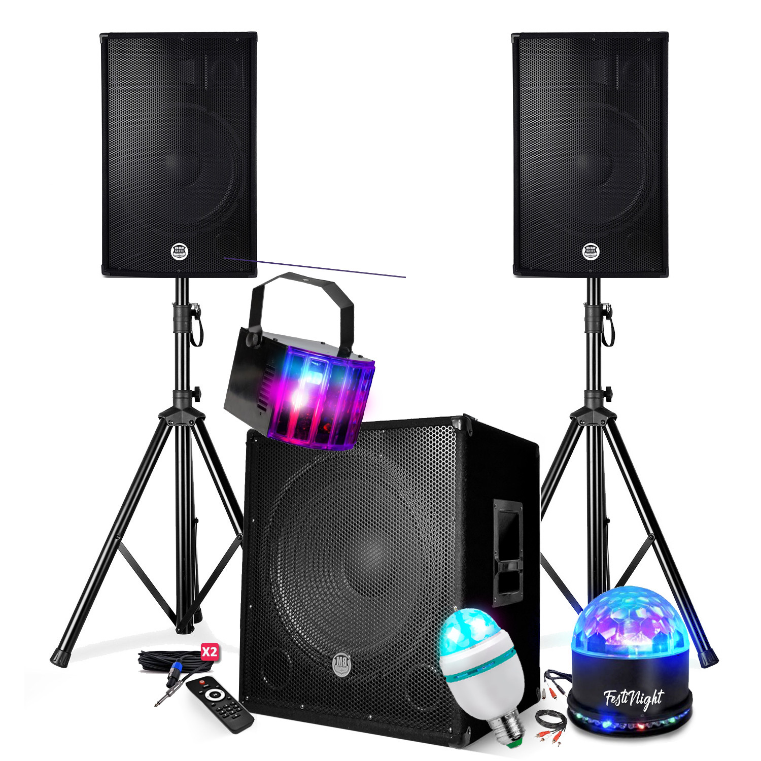 BM Sonic DJ Sound System Pack - 2500W, 15" Speakers, Subwoofer, Bluetooth & USB, Lighting Kit