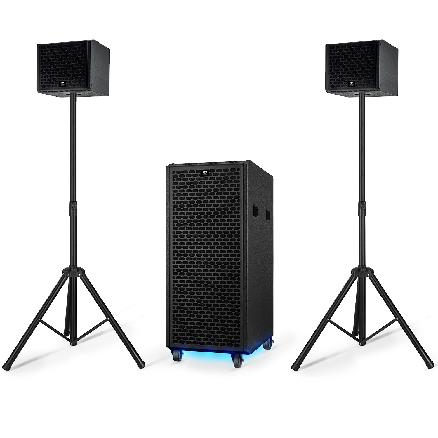 Pack complet de sonorisation BM SONIC BMS-PRO1208-DJ 2000W, amplificateur de sub 700W + 2 haut-parleurs satellites 150W, Bluetooth, USB, AUX FM, LED