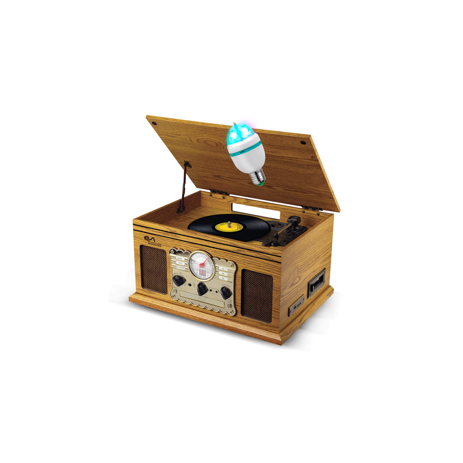 Evidence Acoustics WOOD 33/45/78 Vinyl Hi-Fi Turntable, 60W, FM, CD, Cassette, USB BT REC, Retro Vintage LED