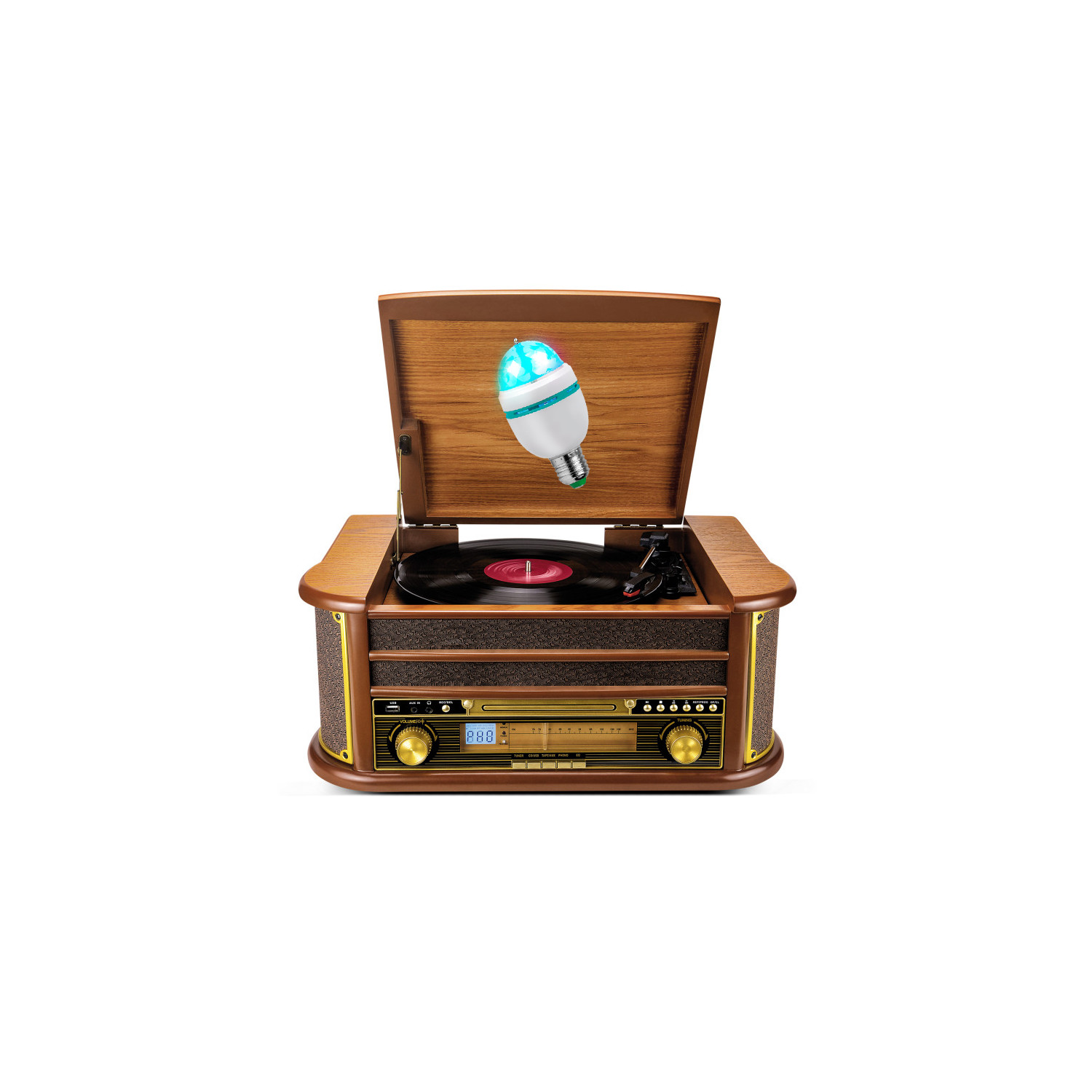 Evidence Acoustics Vinyl Turntable - 33/45/78, 60W, FM Radio, CD, Cassette, Bluetooth USB, Recording REC, Retro, Wood, LED Effect