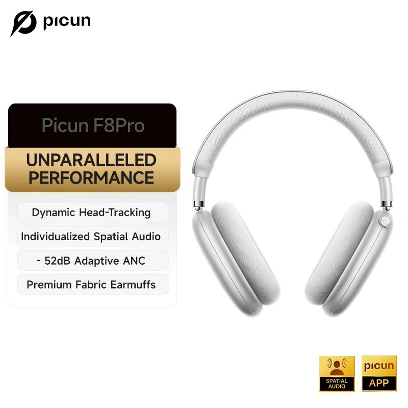 Soundswealth Picun F8 Pro ANC Wireless Headphones with 3D Spatial Audio & ANC -52 dB - Gray