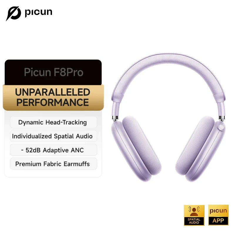 Soundswealth Picun F8 Pro ANC Wireless Headphones - 3D Spatial Audio & ANC -52dB - Violet