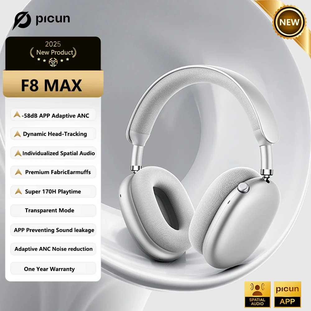 Soundswealth Picun F8 Pro ANC Wireless Headphones with 3D Spatial Audio & ANC -52 dB - F8 Max Silver
