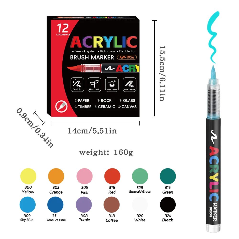 Soundswealth Acrylic Paint Markers - 12 Colors, 168 Color Palette with Brush Tip for Wood, Rock, Canvas & DIY