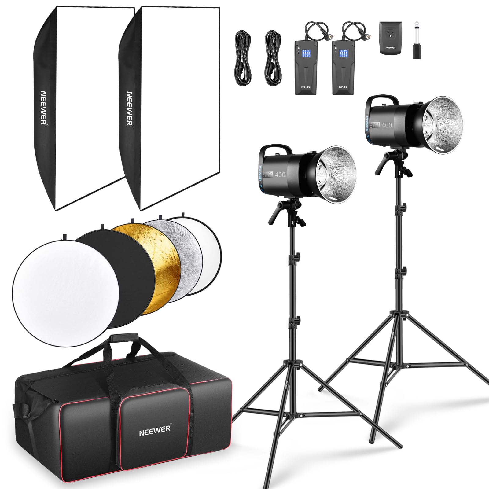 Neewer 2-Pack Monolight Flashes - 800W to 400W, 5600K Color Temperature, with 150W Lamp, Bowens Stand, Reflector, RT-16 Trigger, and Portrait Bag