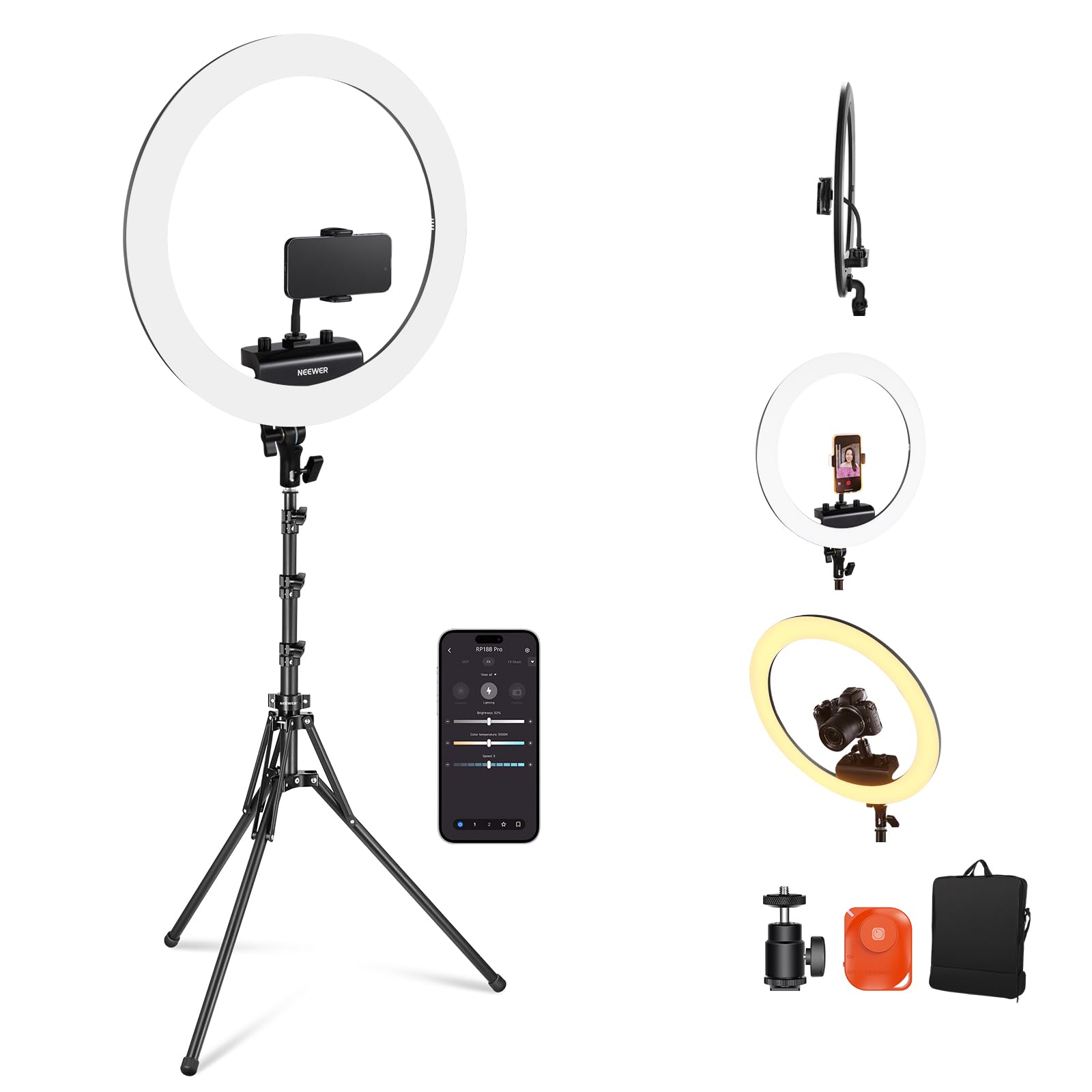 Neewer 18'' Professional Ring Light, Ultra Thin Ring Light 45W, TLCI98, 2900K-7000K, with Tripod, Remote Shutter and APP Control, Soft Light for TikTok Selfie, RP18B Pro Black