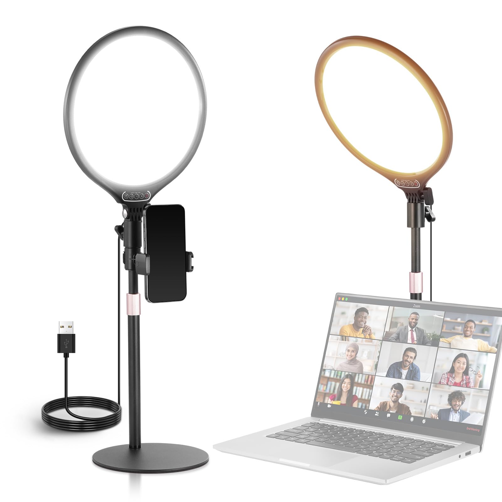 Iluminación de escritorio Neewer Ring Light de 10,5'' con soporte/porta teléfono/ temporizador, 3000-6500K, LED de pantalla completa de 15W, iluminación para video para selfies, grabación, streaming, maquillaje, portátil, R10