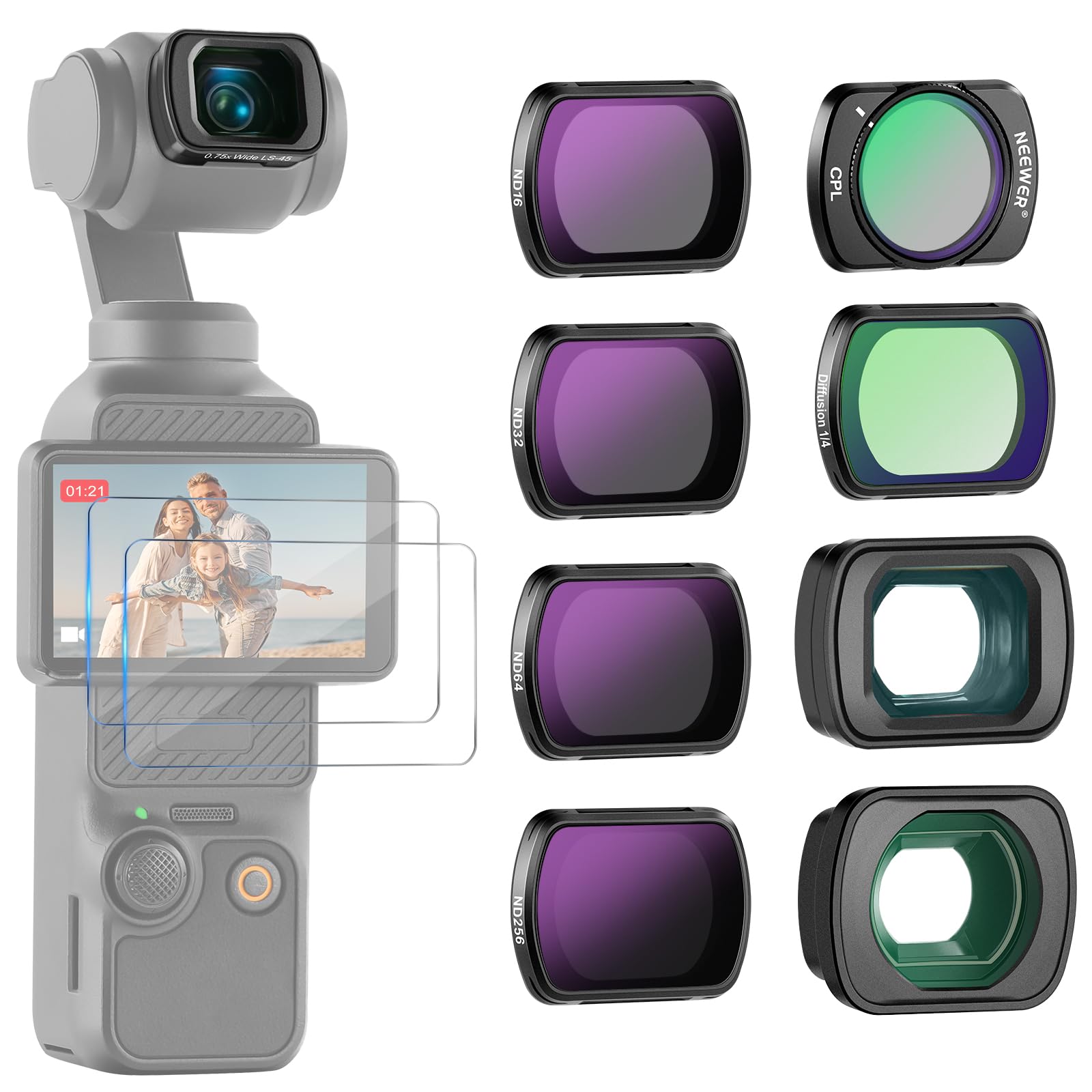 Kit de filtros ND Neewer para DJI Osmo Pocket 3 (6 piezas): ND16, ND32, ND64, ND256, CPL, difusor negro, objetivo gran angular 0,75x, macro 2X