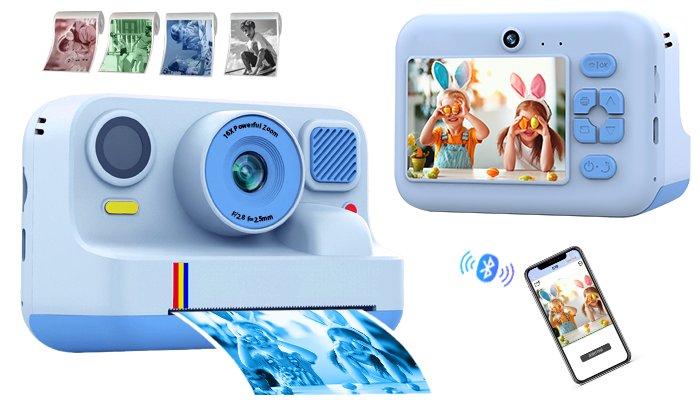 Cámara para niños Blossom, Doble lente, Pantalla de 2,4'', 5 rollos de papel foto, Regalo de cumpleaños - Azul