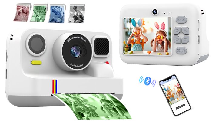 Cámara para niños Blossom, Lente doble, Pantalla de 2.4", 5 rollos de papel fotográfico, Regalo de cumpleaños - Blanco