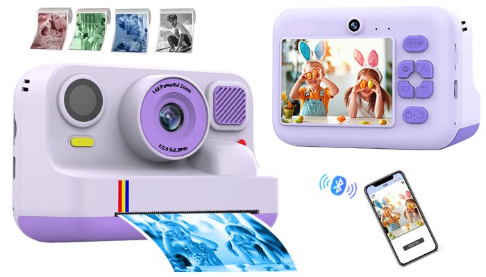 Appareil photo pour enfants BLOSSOM, Double objectif, Écran 2,4", 5 rouleaux de papier photo, Cadeau d'anniversaire - Violet