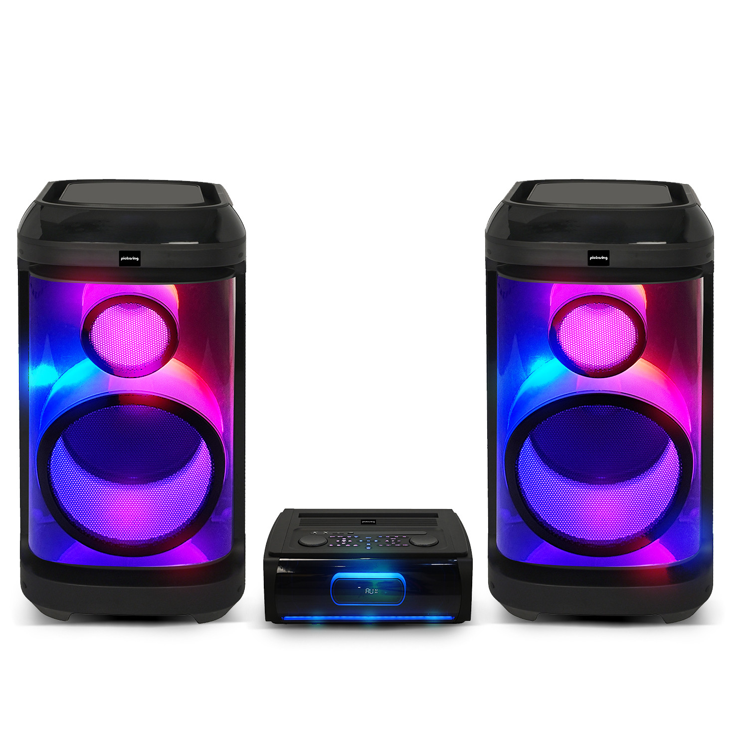 Pickering PKG2760 Speaker System, 2 30cm 12" Two-Way Speakers with LED Effects Bluetooth Amplifier 2x760W USB Optical FM Radio