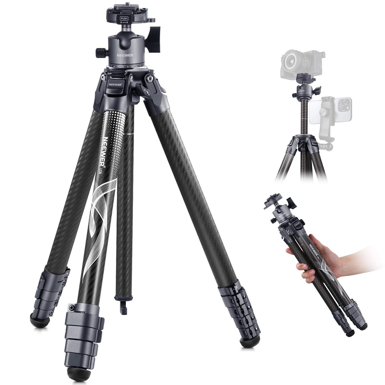 Trípode de viaje Neewer de 62" de fibra de carbono con cabezal panorámico desmontable de 360°, correa de balanceo rápida, carga de 10 kg, placa Arca QR compatible con Peak Design Capture V3, LT34