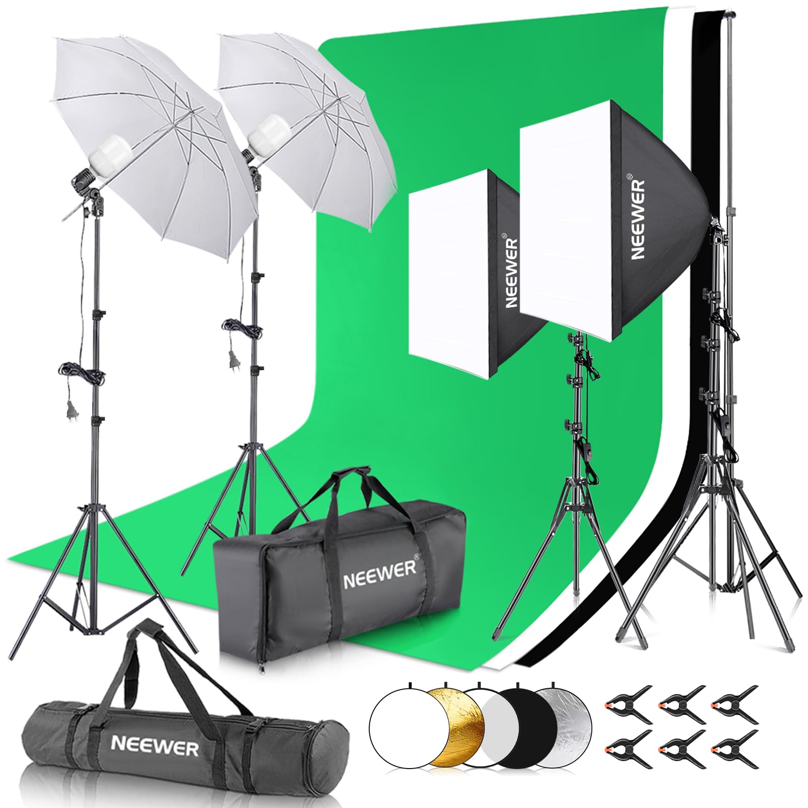 Kit de iluminación fotográfica Neewer con fondo, 8,5 x 10 m, 5700 K, 800 W, equivalente a 24 W de potencia de luz LED, luz continua, reflector de luz de 60 cm