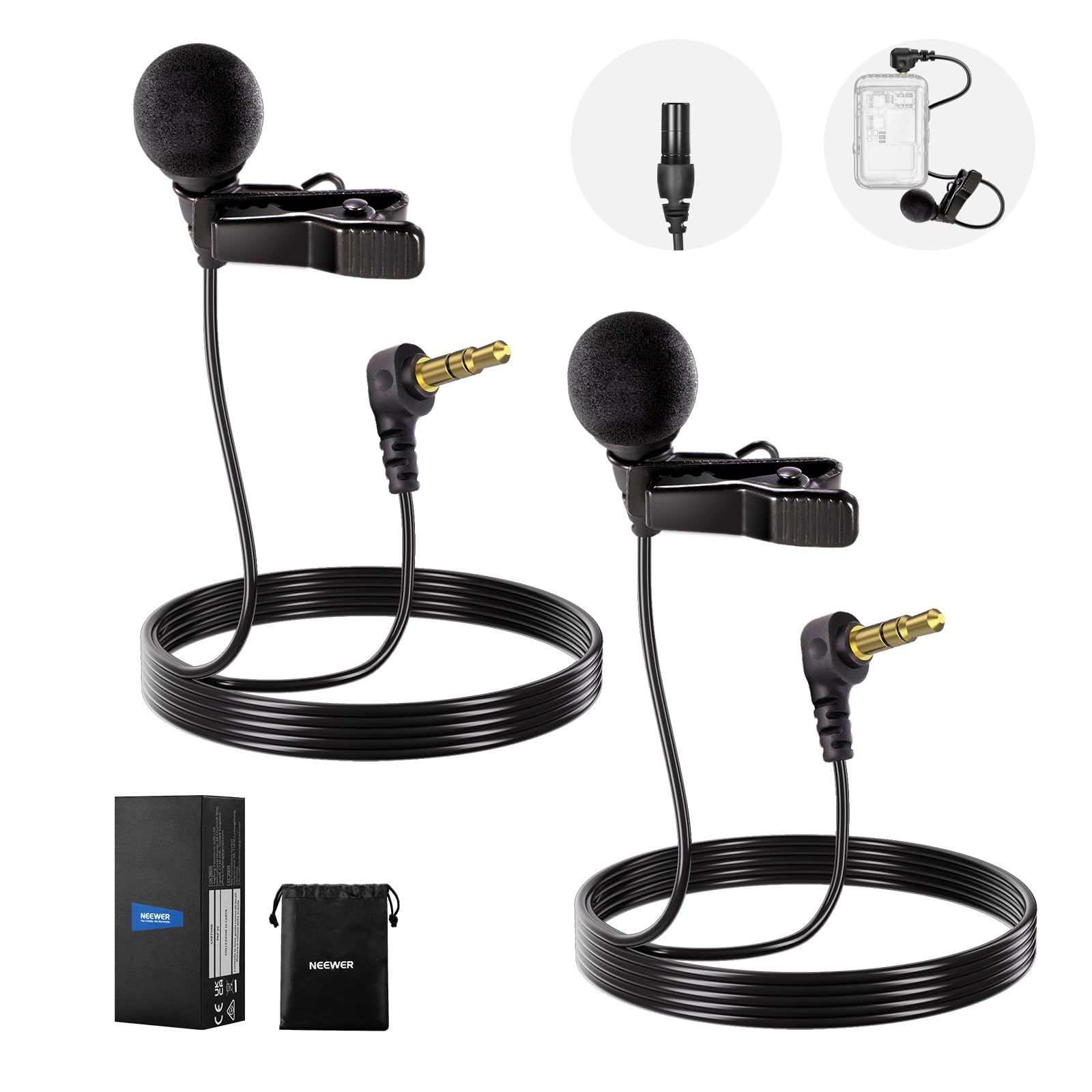 Ensemble de 2 microphones lavalier filaires Neewer avec connecteur TRS, 1,5 m et 3,5 mm, compatible avec DJI Mic 2, Rode Wireless Go II