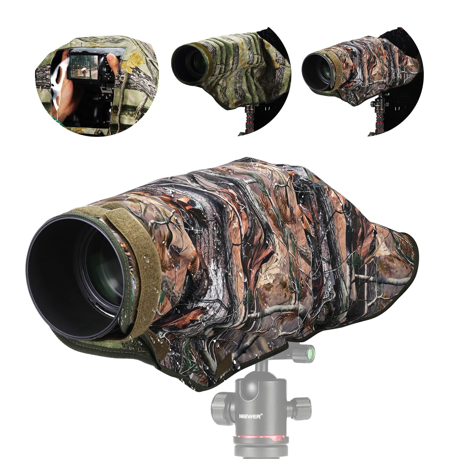 Neewer Rain Cover for Camera, XL, Large Waterproof Case Compatible with Canon Sony Nikon Fujifilm DSLR and Lenses up to 800mm, Double-Sided Camo Green Nylon, PB019