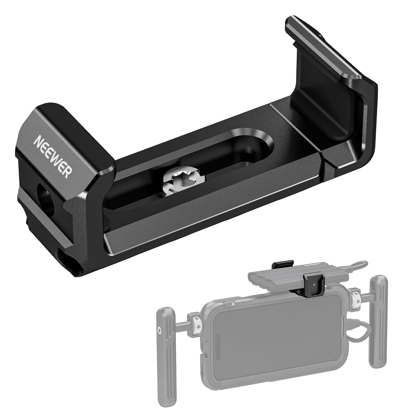Soporte de montaje SSD Neewer para iPhone 15 Pro Max, jaula telefónica con pinza SSD 2.2"-3"/55-75mm, compatible con Samsung SanDisk, rosca 1/4" anti-torsión UA051