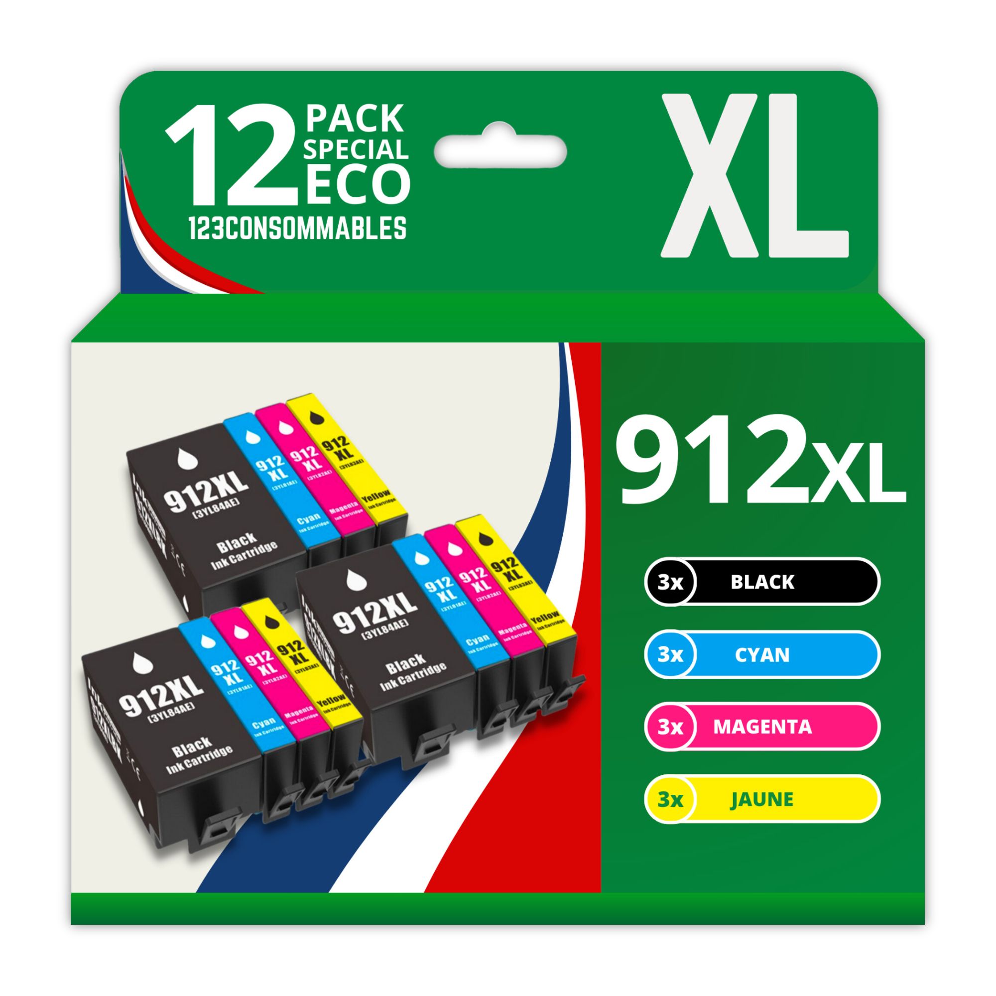 123Consommables - 912XL - Pack of 12 Compatible HP 912XL Ink Cartridges for HP OfficeJet Pro 8022/8023/8024/8025/8030 and HP Officejet 8010/8012/8015