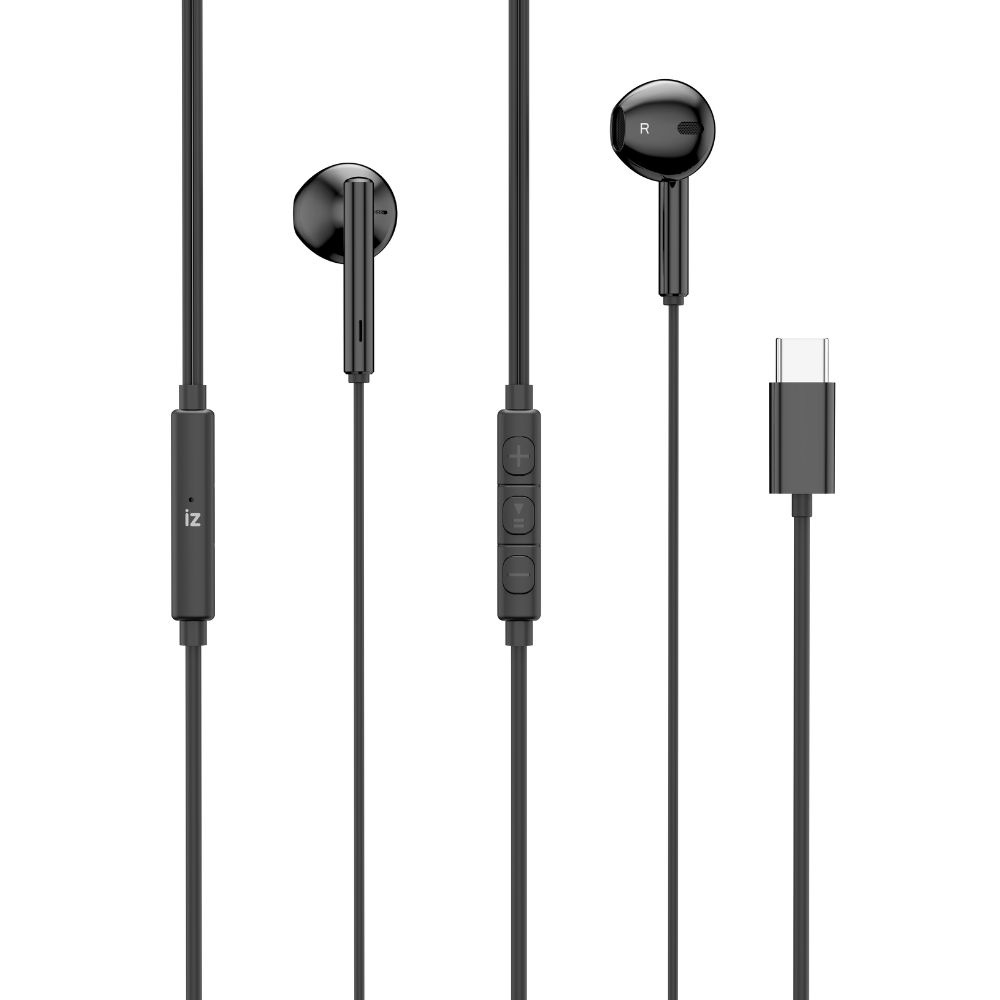 Izzy Wired Semi-In-Ear Earphones with Control Box, USB-C, 1.2m, Black