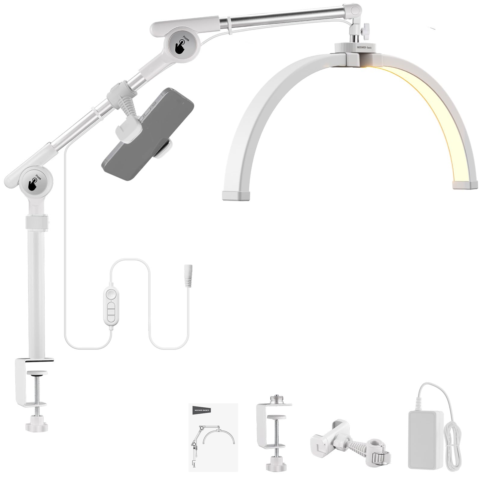 Lámpara de mesa Neewer Básicos Media Luna con soporte para teléfono y pinza de escritorio articulada, luz LED plegable de 32W para arte de uñas, maquillaje, tatuajes, grabación de video, HM03-D