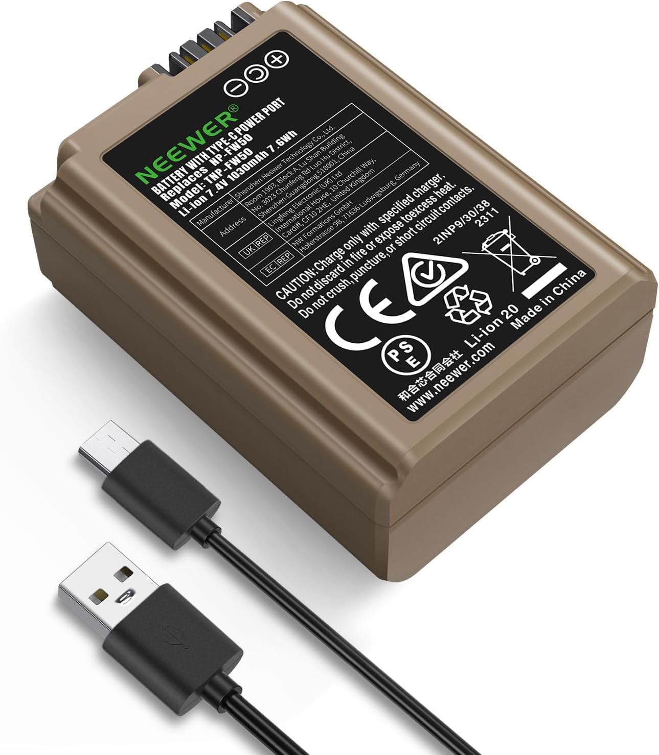 Neewer 1030mAh NP-FW50 Replacement Battery with Quick Charge in 2.3 Hours via USB-C Cable Type, Compatible with Sony ZV-E10 A6000 A6100 A6300 A6400 A6500 A7 A7 II A7R A7R II A7S A7S II