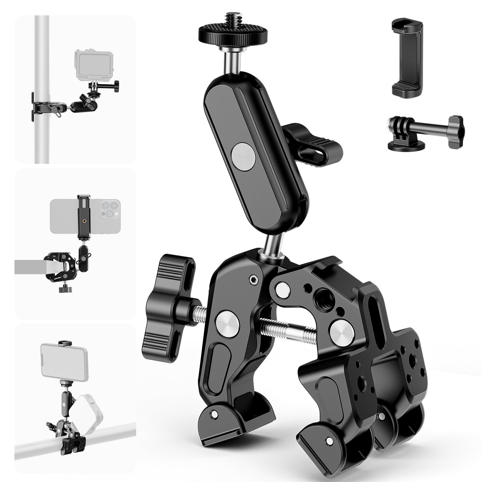 Brazo mágico Neewer Super con dos cabezales, montajes de hilo 1/4" y 3/8", soporte de zapata fría, soporte para teléfono inteligente compatible con GoPro, DJI, iPhone 16/15 Pro Max, ST88