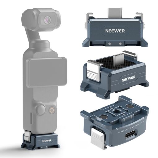 Adaptador base Neewer compatible con DJI Osmo Pocket 3, carga tipo C con rosca de 6.35 mm estilo Arca y sistema de liberación rápida tipo cuña