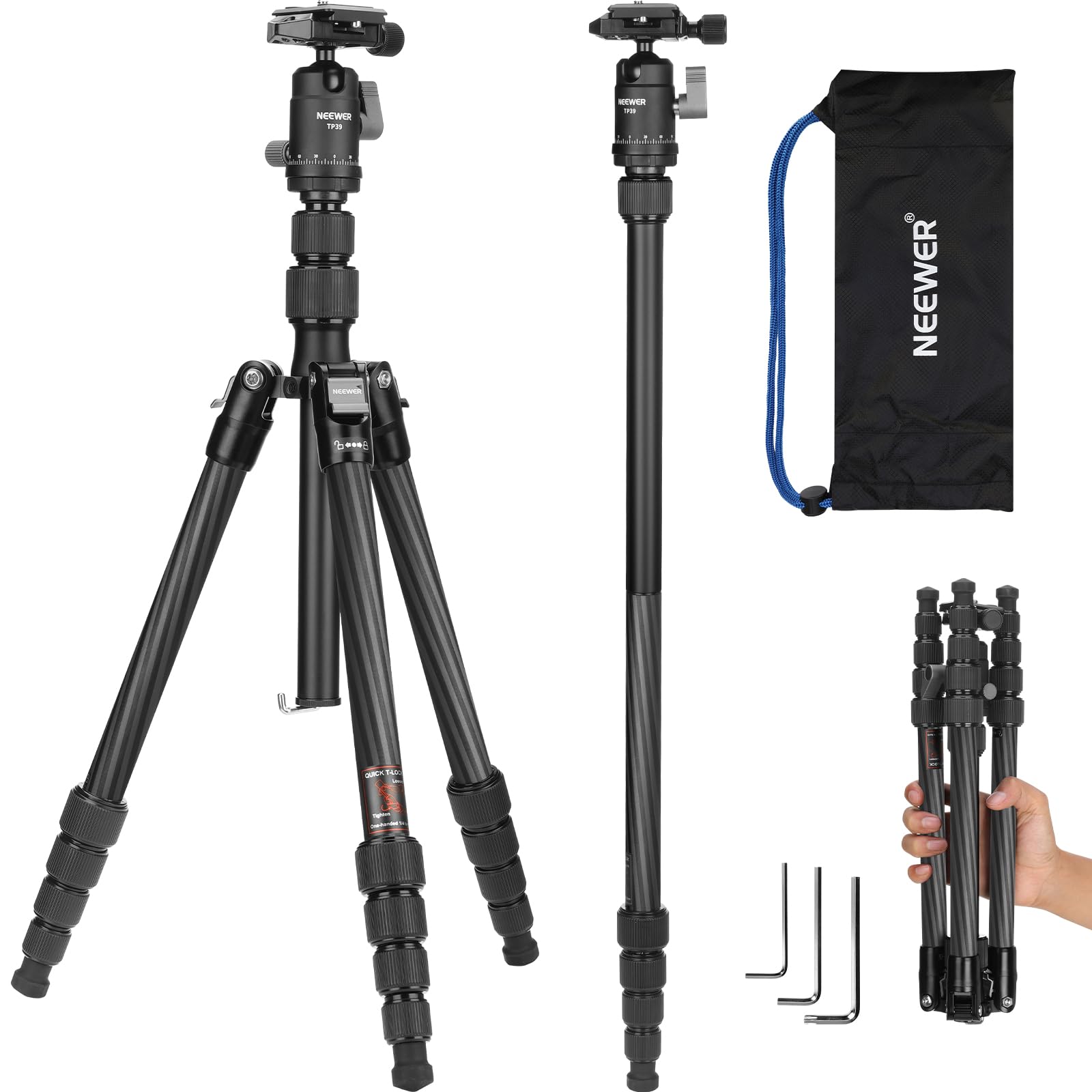 Trépied monopode en fibre de carbone Neewer, 65'' pour appareil photo vidéo DSLR, tête rotative 360°, plaque QR antidérapante, axe central inversé, pieds réversibles, charge maximale 6 kg