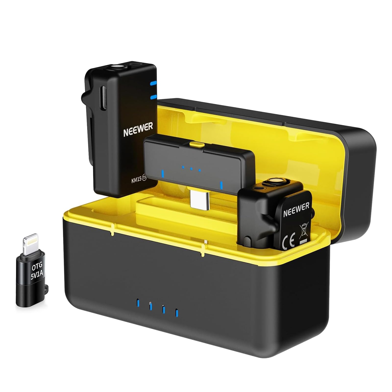 Kit de micrófono inalámbrico Neewer con funda de carga y adaptador OTG, micrófono lavalier mini USB C con cancelación de ruido para iPhone 16 Pro Max streaming, KM15