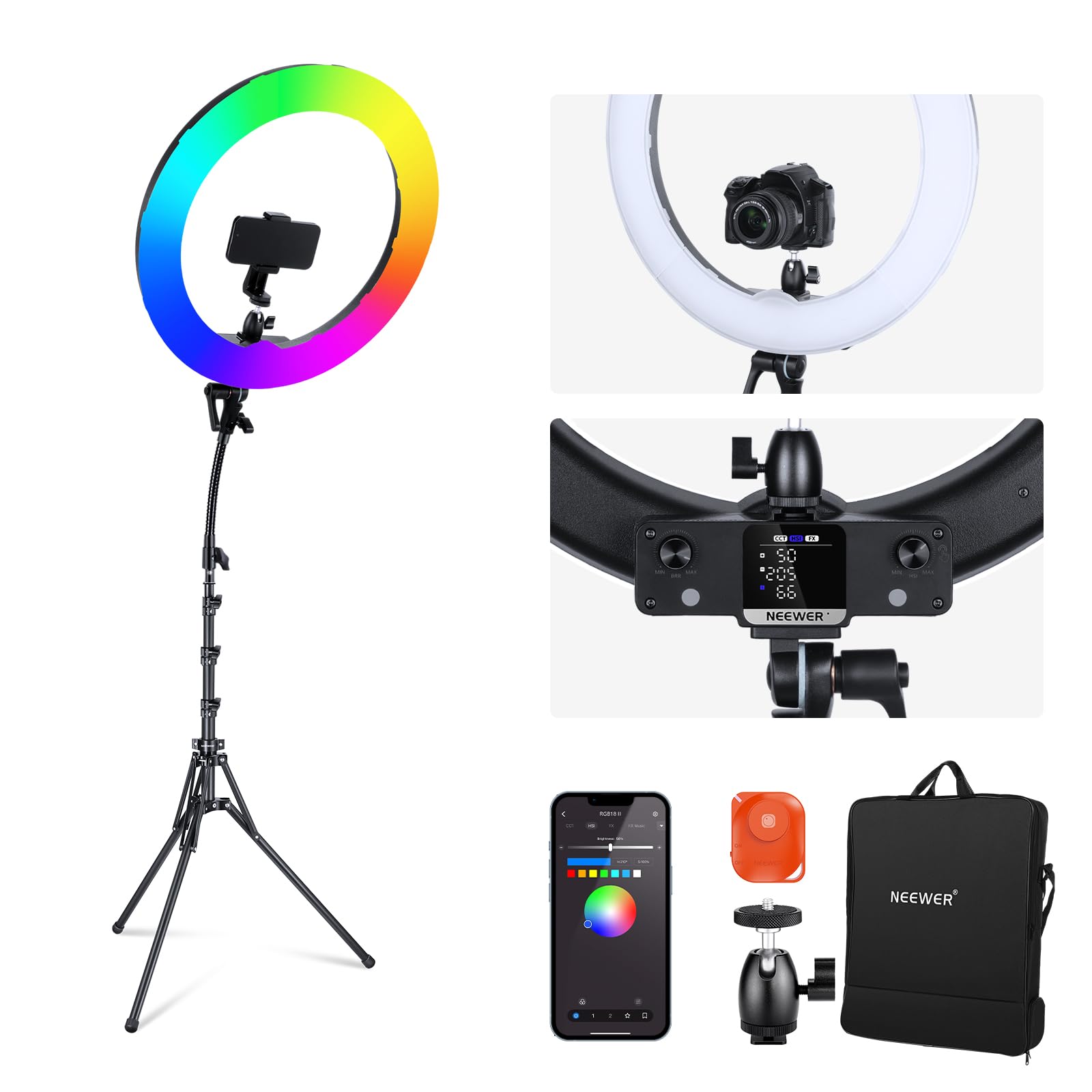 Neewer 45.7cm Ring Light LED RGB, Variable Intensity 2500K-10000K, Bicolore 360°, 42W