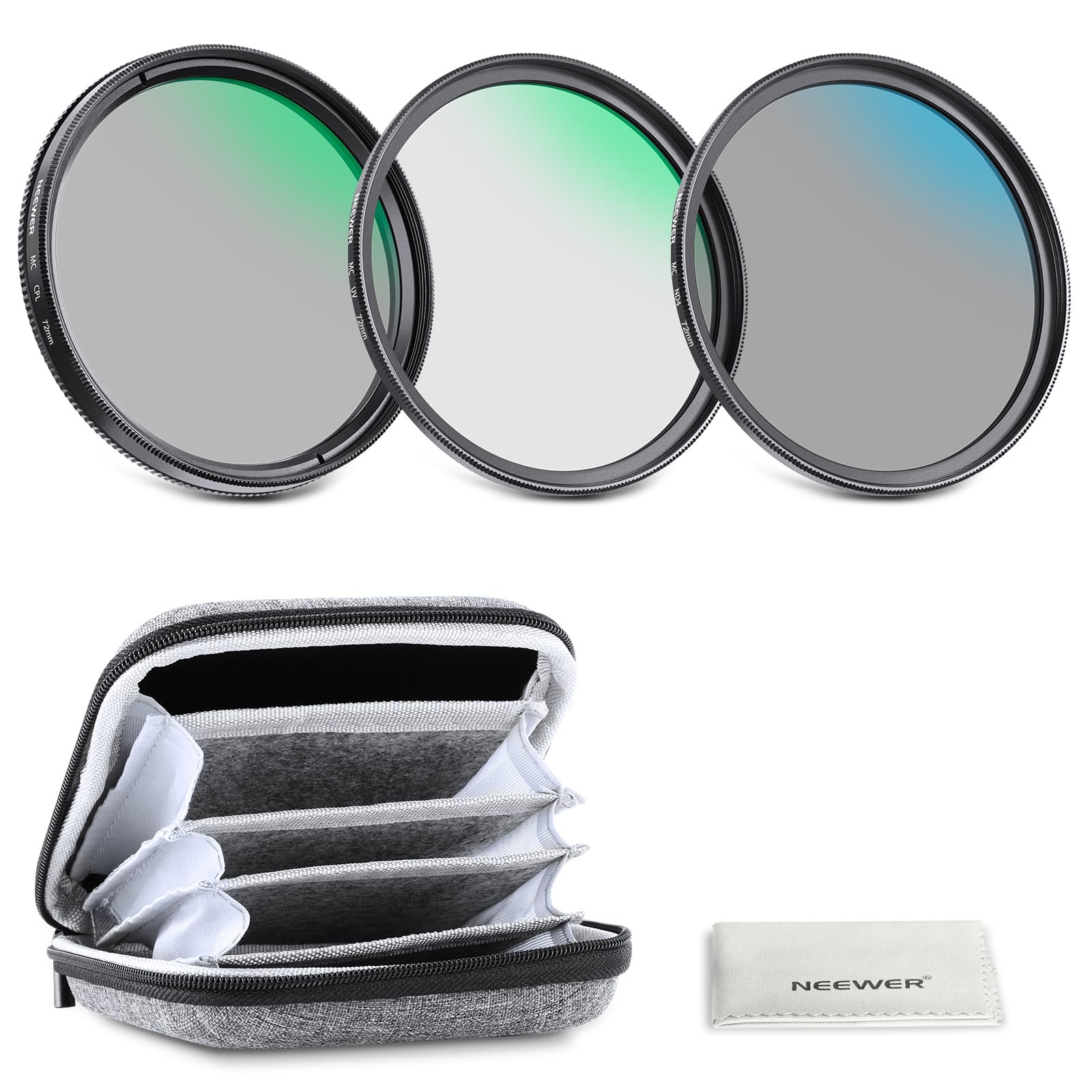 Kit de filtros Neewer de 72 mm (UV/CPL/ND) - Estuche rígido de vidrio y aleación de aluminio para accesorios ópticos