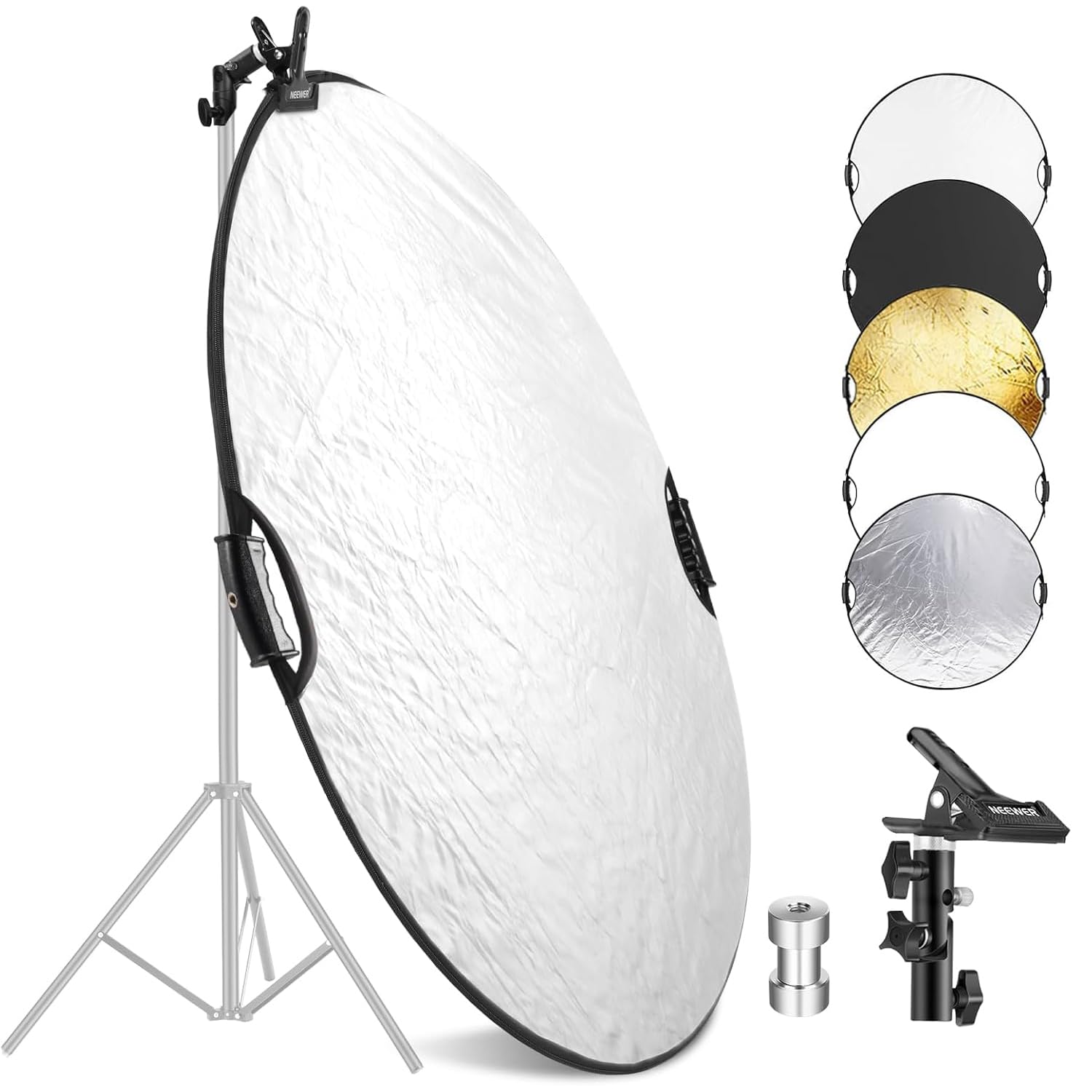 Neewer 56cm Reflector with Clip and Handles, 5-in-1 Foldable Multi-Disc Translucent/Silver/Gold/White/Black Reflector with 3/8" Thread for Outdoor Lighting Studio, RF-56II