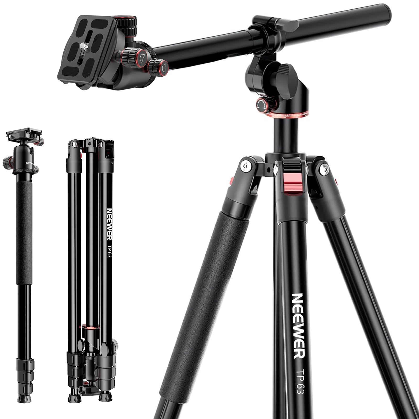 Trípode Monópodo Horizontal Neewer para Cámara con Cabezal y Columna Central Flexible, 228 cm de Alto en Metal, Soporte para Video DSLR de Viaje, Plato QR de Tipo Arca y Pies Invertidos, Carga 6 kg, TP63