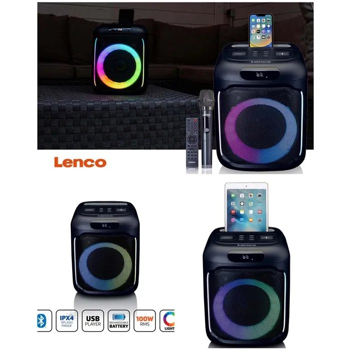 Lenco PA-101BK Bluetooth Portable Speaker - 14hr Battery Life - RGB LED - 100W RMS