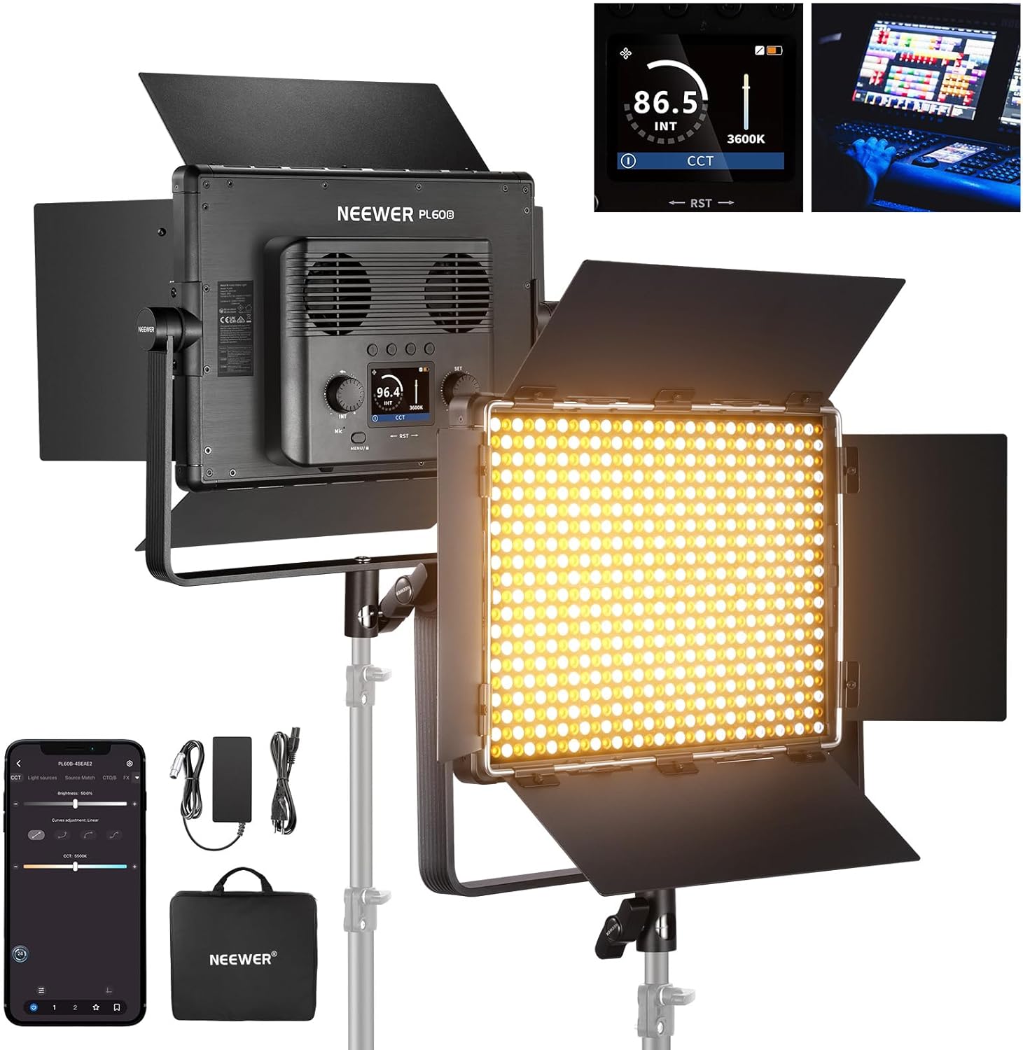 Neewer 2.4G Bicolor LED Video Panel, 60W 26600Lux, 0.5m, 2500K-8500K, 13 Scenes, Battery Power, V Mount, Outdoor Use, Studio & Photo Lighting for Streaming Makeup