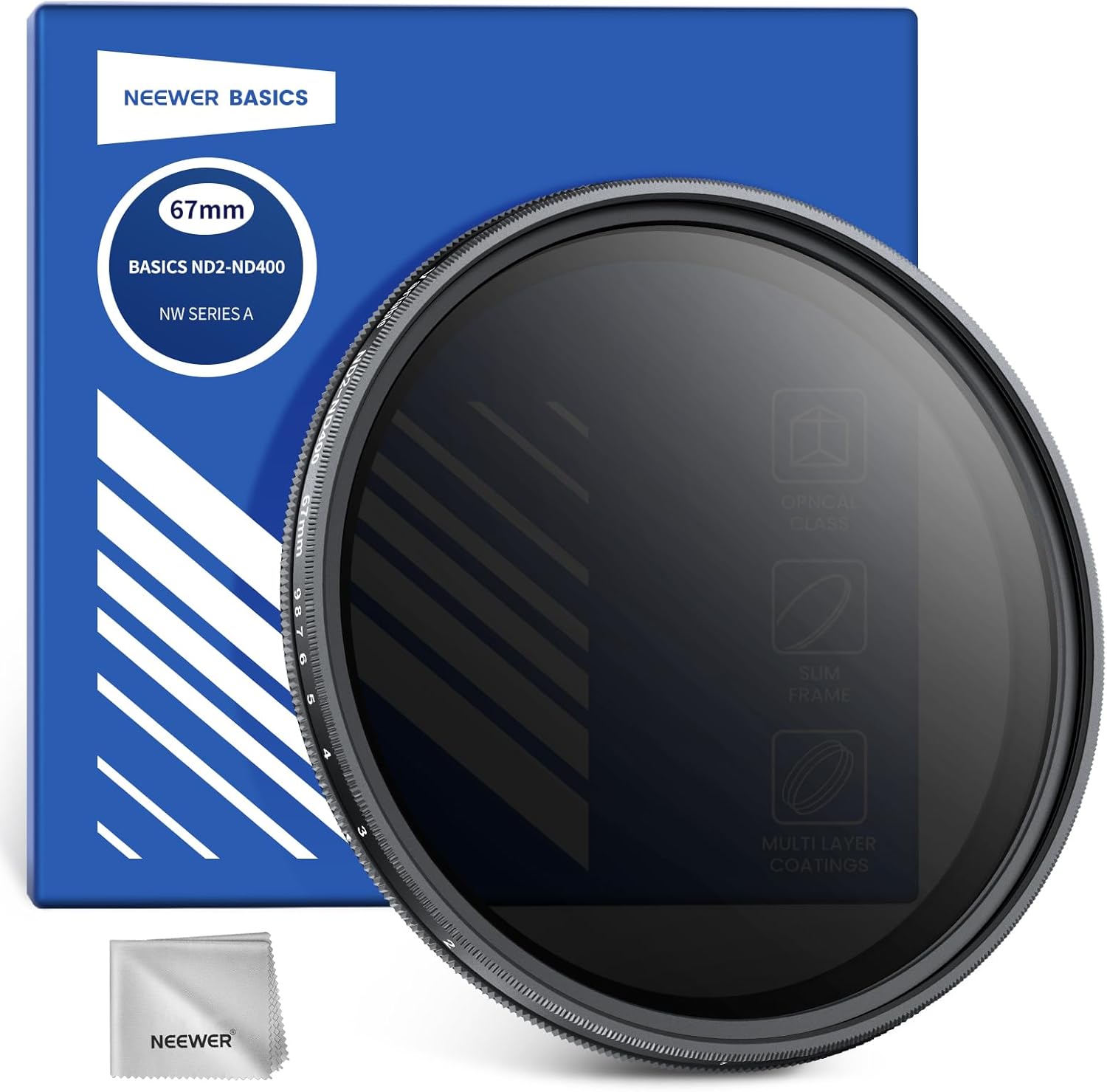 Filtro ND variable Neewer Básicos 67 mm (ND2-400), reducción de luz de 9 paradas, filtro de densidad neutra giratorio con revestimiento antihuellas digitales, marco delgado para objetivos de cámara