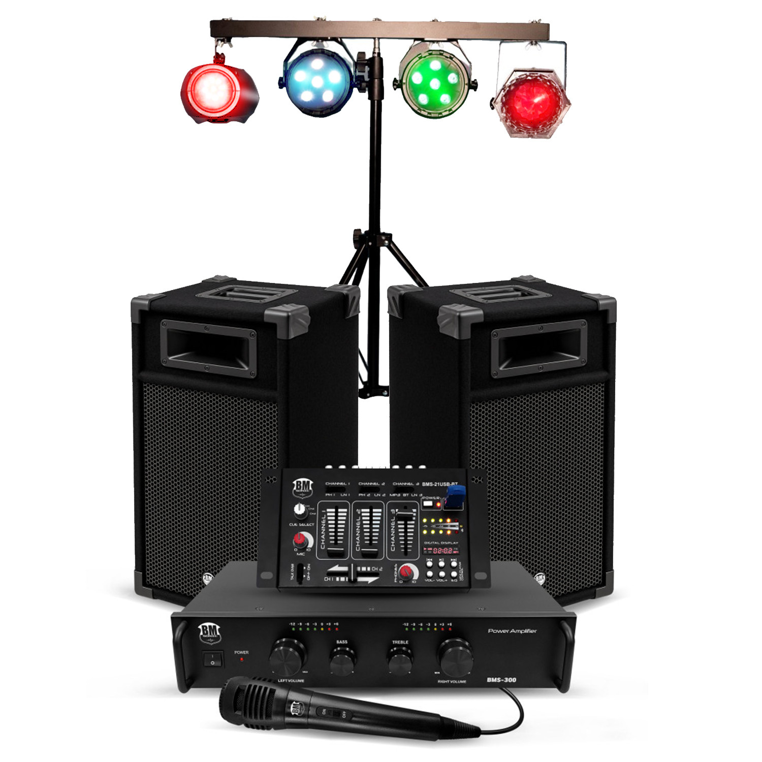 Kit de Sonorización BM Sonic BMS-DJ300-USB-BT 300W para DJs Principiantes con Iluminación LED