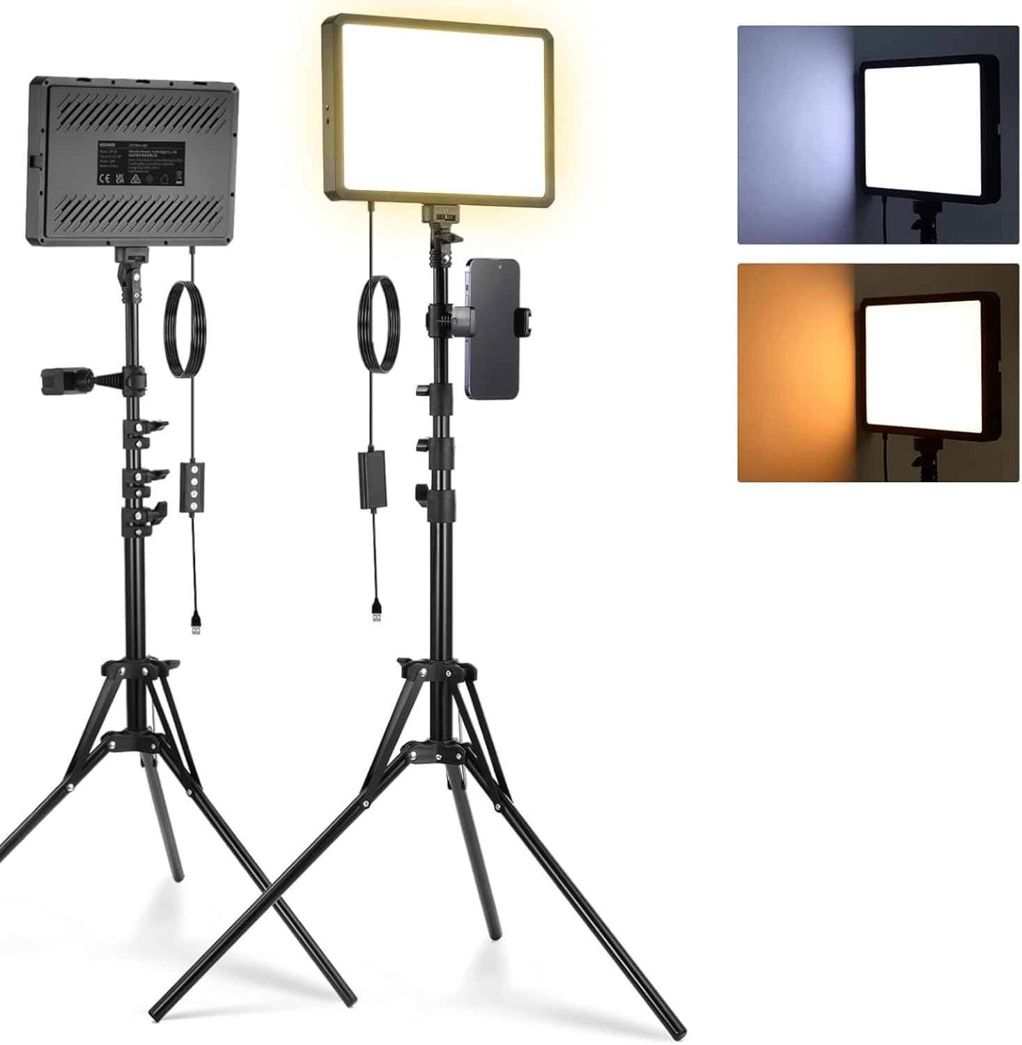 Neewer Basics LED Light Kit, 2-Panel Color 2700K-6500K, Variable Intensity, with 2 59-Inch Tripods and 2 Phone Stands, 850Lux for Video Photography Streaming