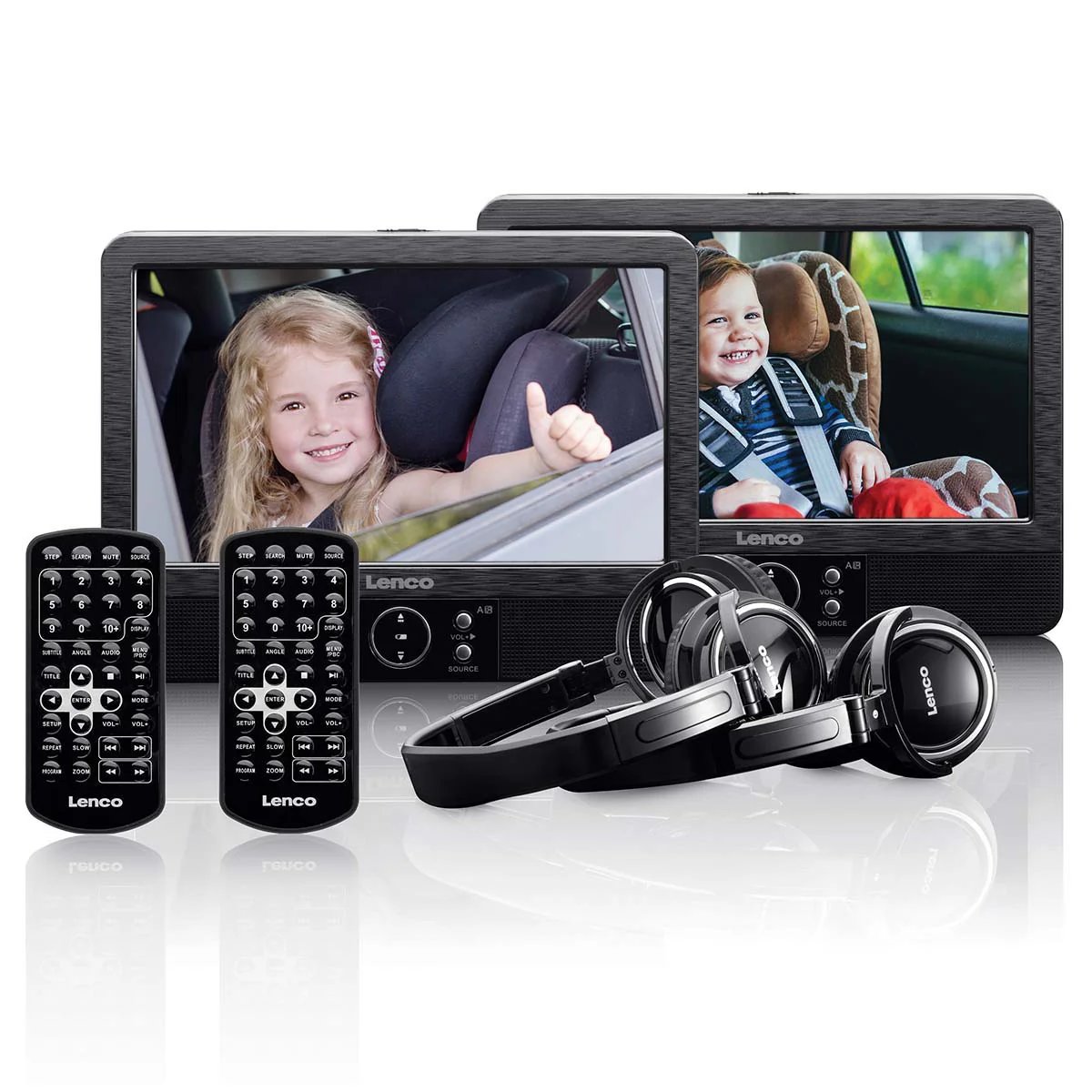 Lenco DVP-939 - Portable 2x 9-Inch DVD Player with USB Connection, SD Card Slot, Built-in Battery, Two Headphones, and Stands - Black - Euro / Type-C (CEE 7/16)