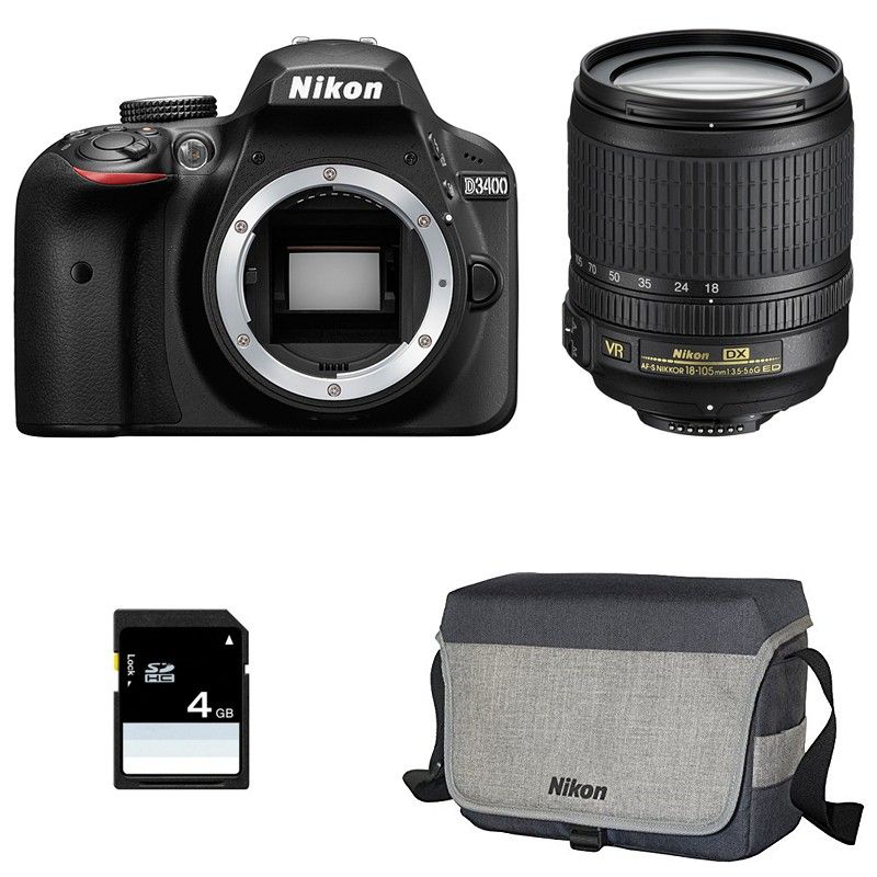 Nikon D3400 + Lente 18-105 VR + Bolso + Tarjeta SD de 4GB