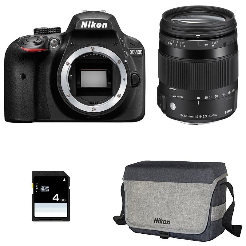Nikon D3400 + Sigma 18-200 OS HSM Contemporary Guarantee 3 years + Bag + 4GB SD Card