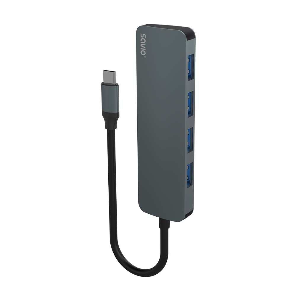 Hub SAVIO USB-C - 4 x USB-A, 10 Gbps, Negro
